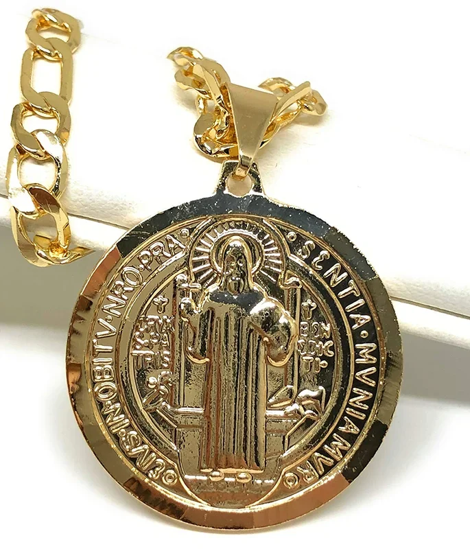 Gold Plated Saint Benedict Medal Pendant Necklace San Benito Medalla Oro Figaro 26″