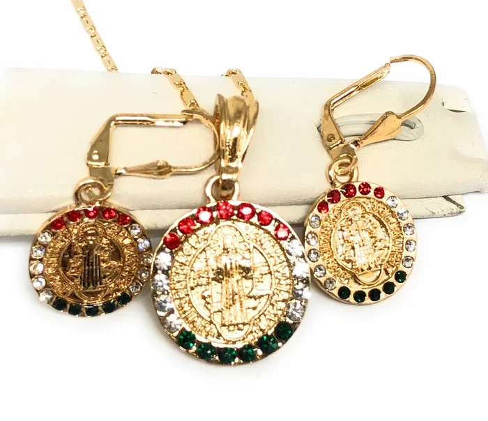Gold Plated Saint Benedict San Benito SET (NECKLACE 20″, EARRINGS)