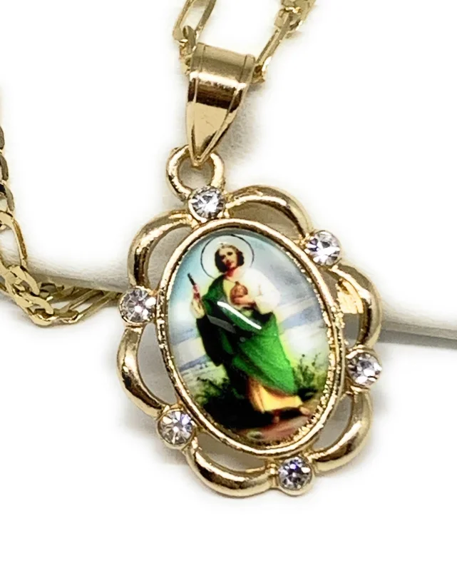 Gold Plated Saint Jude Pendant CZ Necklace Figaro 24″ San Judas Tadeo Medalla