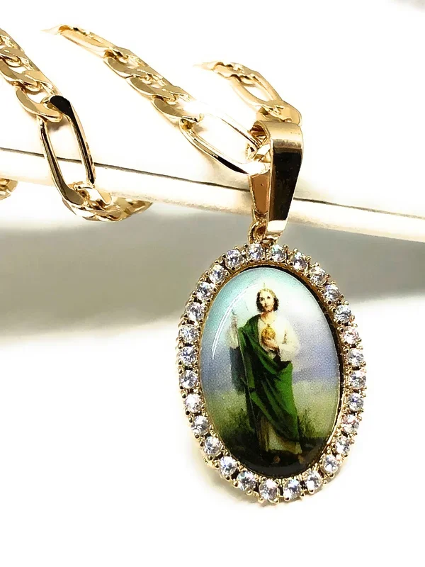 Gold Plated Saint Jude Pendant CZ Necklace Figaro 24″ San Judas Tadeo Medalla Oro Laminado