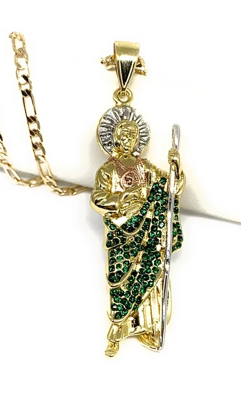 Gold Plated Saint Jude Pendant Green CZ Necklace Figaro San Judas Tadeo Medalla