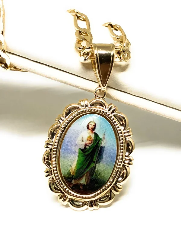Gold Plated Saint Jude Pendant Necklace Figaro 24″ San Judas Tadeo Medalla Oro Laminado