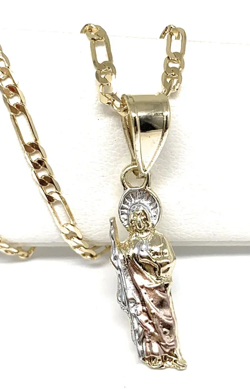 Gold Plated Saint Jude Tri-Color Dainty Pendant Necklace Figaro 18″ San Judas Tadeo Medalla