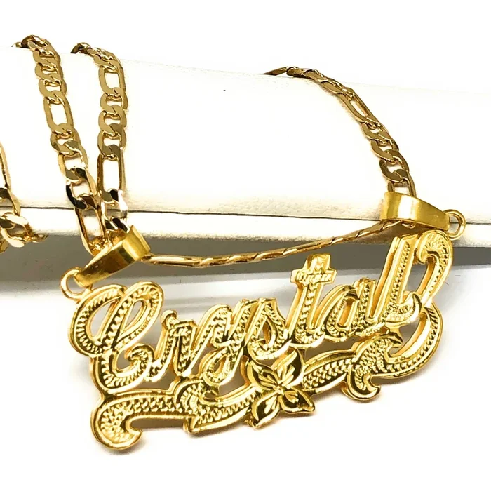 Gold Plated Silver CUSTOMIZED 3D ILLUSION DOUBLE CLASSIC Nameplate Necklace With Chain}
