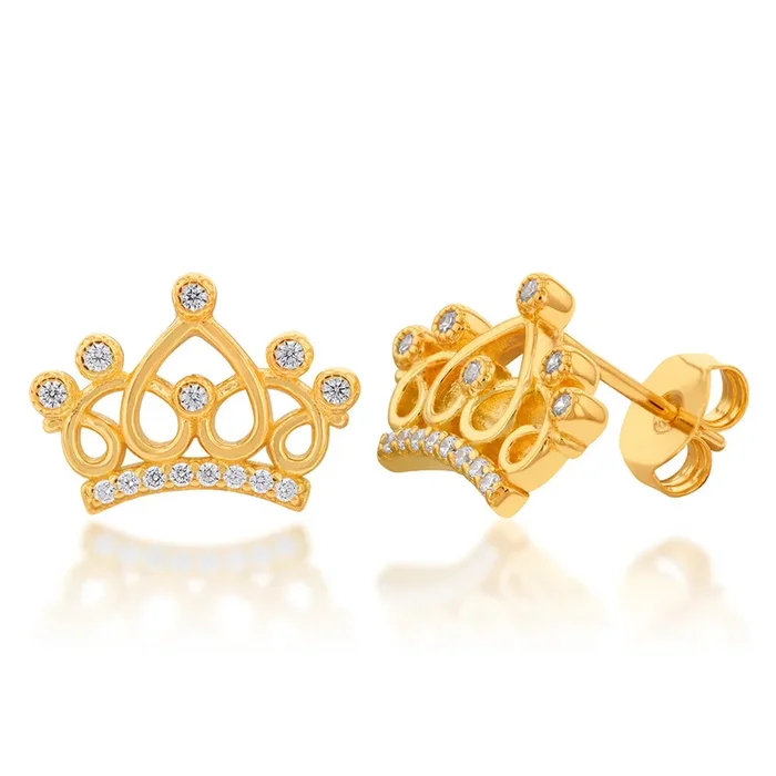 Gold Plated Sterling Silver Fancy Crown With Cubic Zirconia Stud Earrings