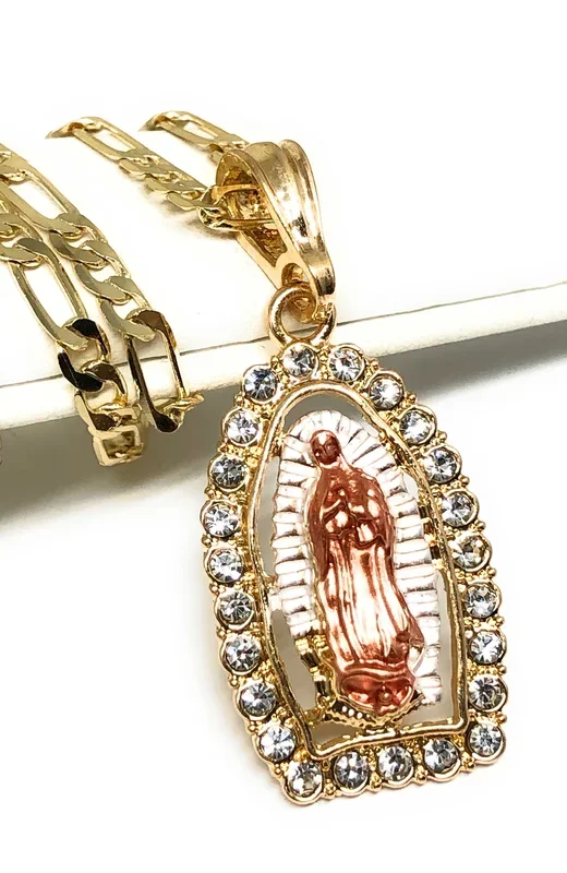 Gold Plated Tri-Color Classic Virgin Mary CZ Pendant Necklace 24″ Virgen de Guadalupe Medalla