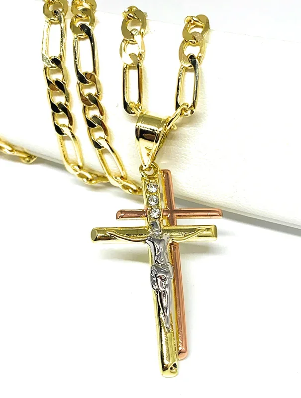 Gold Plated Tri-Color Double Cross Jesus Crucifix 24″ Chain Cruz Crucifijo