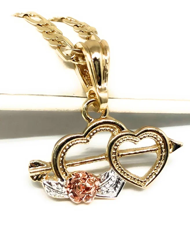 Gold Plated Tri-Color Double Heart Rose Pendant Necklace Chain 24” Corazón Medalla
