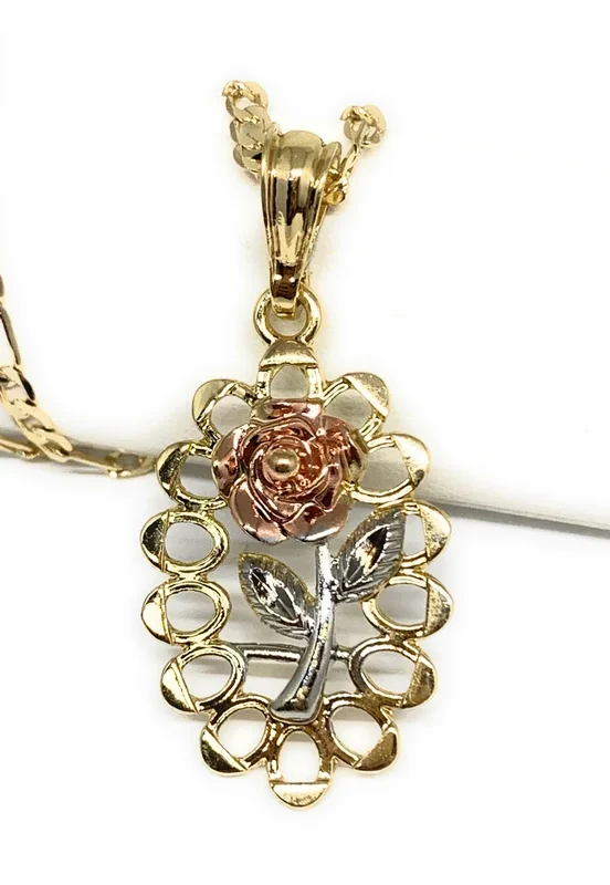 Gold Plated Tri-Color Oval Rose Pendant Necklace Chain 24” Flor Pendant