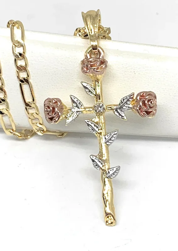 Gold Plated Tri-Color Rose CZ Cross Crucifix 24″ Chain Cruz Crucifijo