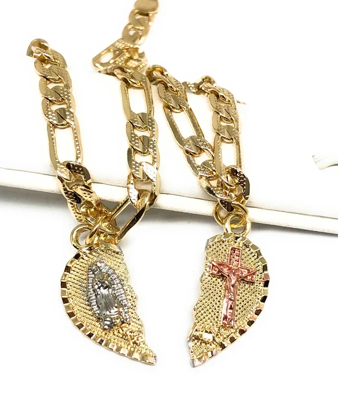 Gold Plated Tri-Color Virgin Mary & Christ “Te Amo” Heart Split Pendant TWO BRACELET SET 7.5”