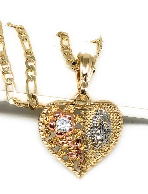 Gold Plated Tri-Color Virgin Mary CZ Heart Flower Pendant Necklace Figaro 24″ Virgen de Guadalupe Medalla