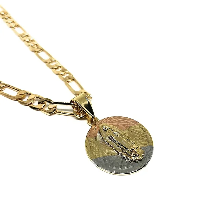 Gold Plated Tri Color Virgin Mary Pendant Necklace Figaro 26″ Virgen Guadalupe