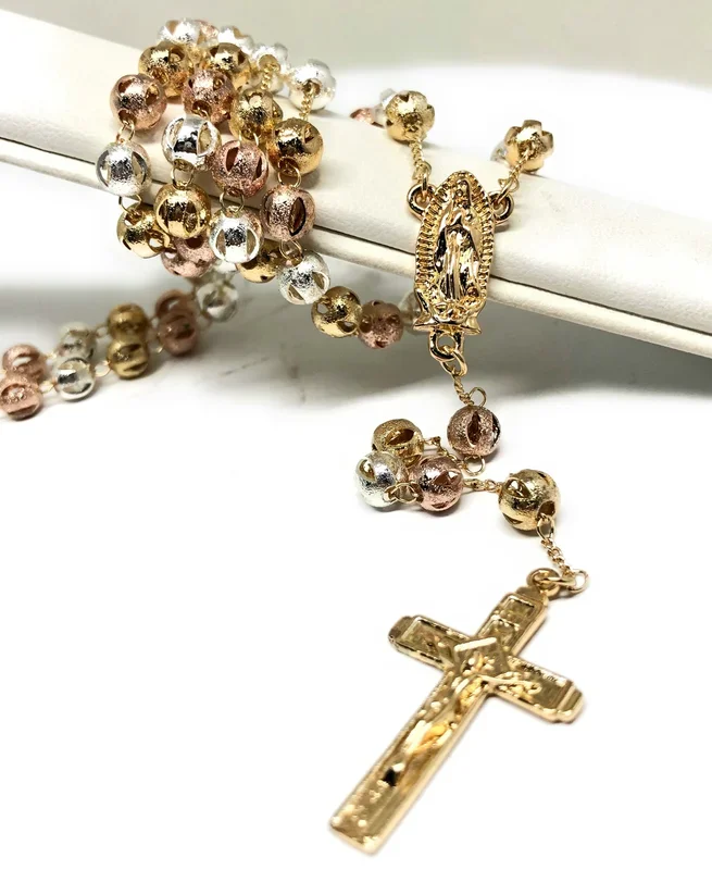 Gold Plated Tri-Color Virgin Mary Rosary Necklace Virgen de Guadalupe Rosario Crucifijo Oro Tres Colores 20”