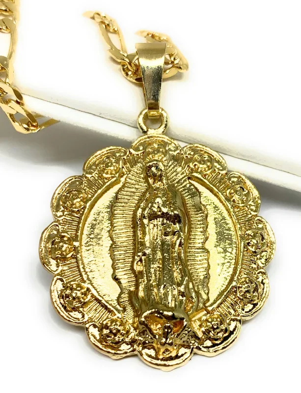 Gold Plated Virgen Guadalupe Sagrado Corazon Pendant Necklace 26″ 5mm Figaro Chain