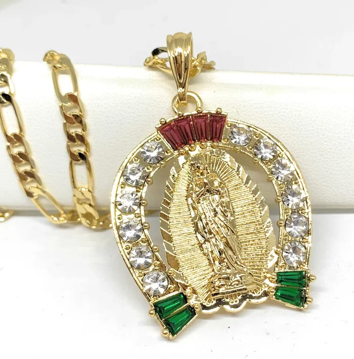 Gold Plated Virgin Mary Colorful CZ Horseshoe Pendant Necklace Figaro 24″ Virgen de Guadalupe Medalla Oro Laminado