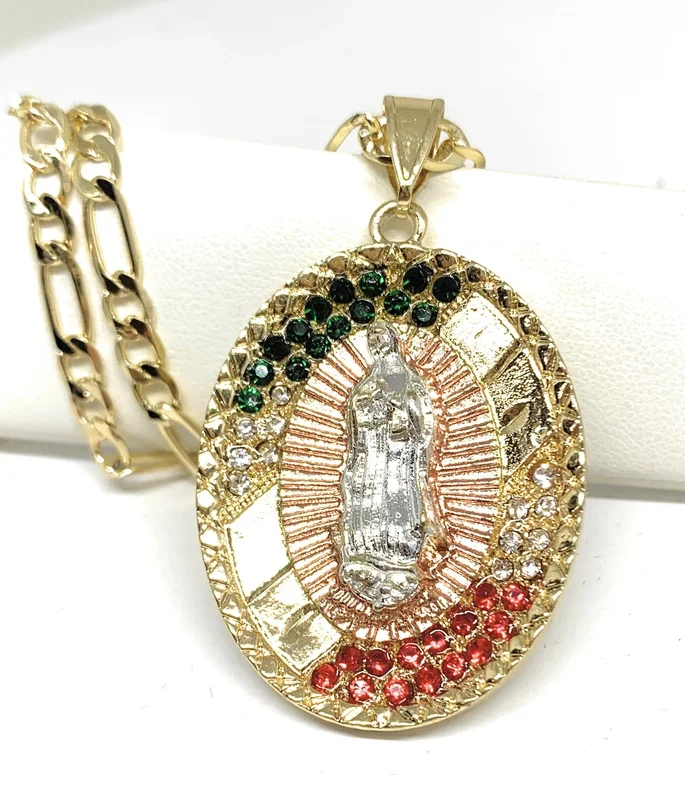 Gold Plated Virgin Mary Colorful CZ Pendant Necklace Figaro 24″ Virgen de Guadalupe Medalla Oro Laminado