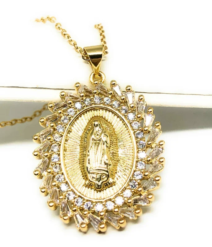 Gold Plated Virgin Mary Pendant Necklace CZ 20” Virgen de Guadalupe