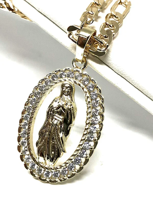 Gold Plated Virgin Mary Pendant Necklace Figaro 24″ Chain Virgen de Guadalupe Medalla Piedras Blancas Oro