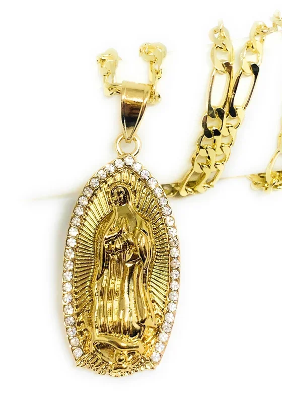 Gold Plated Virgin Mary Pendant Necklace Figaro 24″ Virgen de Guadalupe