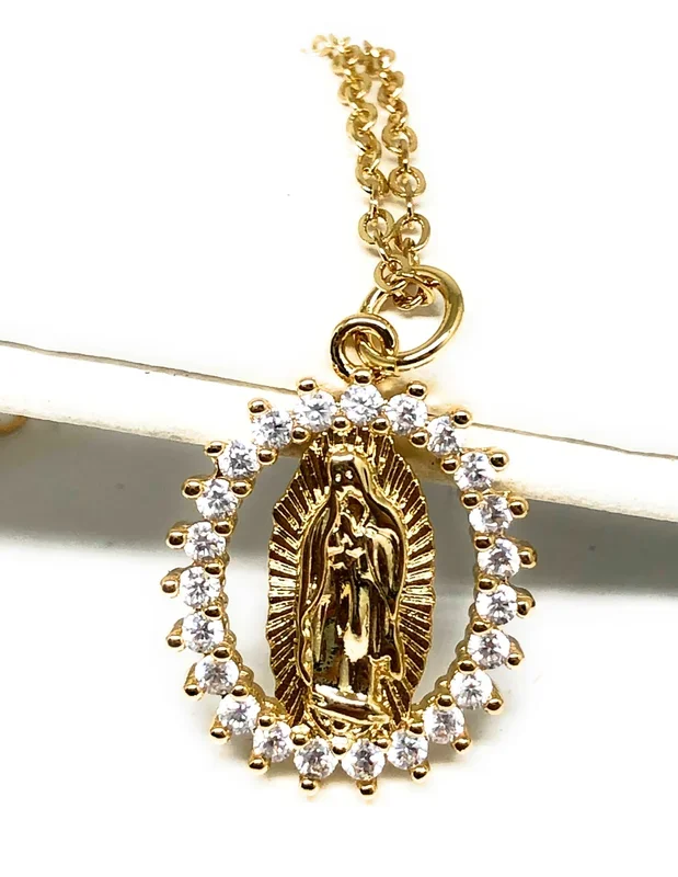 Gold Plated Virgin Mary Small Pendant Necklace CZ 20” Virgen de Guadalupe