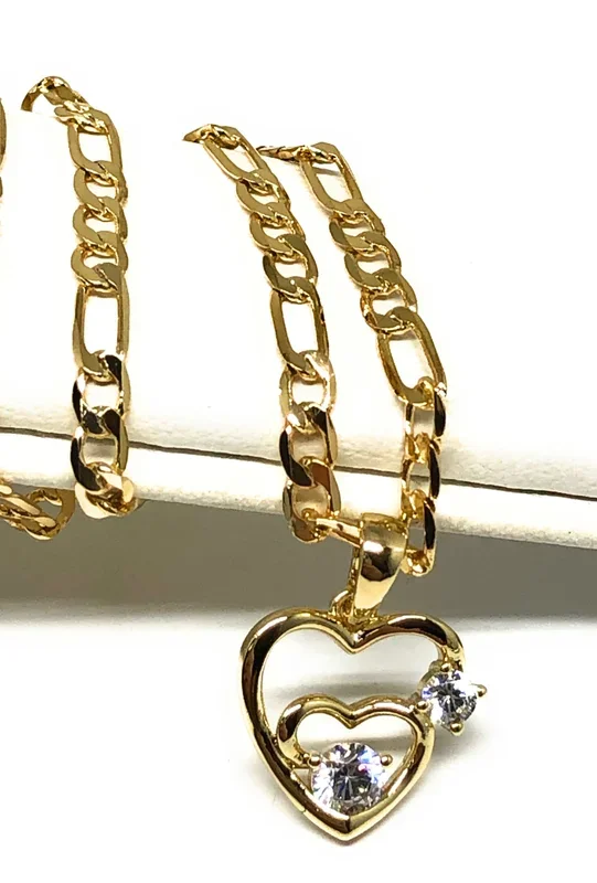 Gold Plated Yellow Dainty Double Heart CZ Pendant Necklace Chain 18” 3mm