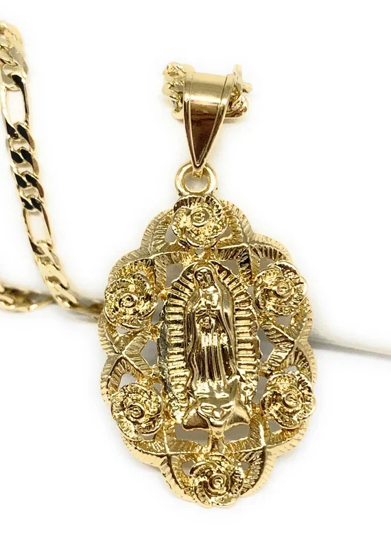 Gold Plated Yellow Virgin Mary Flower Pendant Necklace 24″ Virgen de Guadalupe Medallas