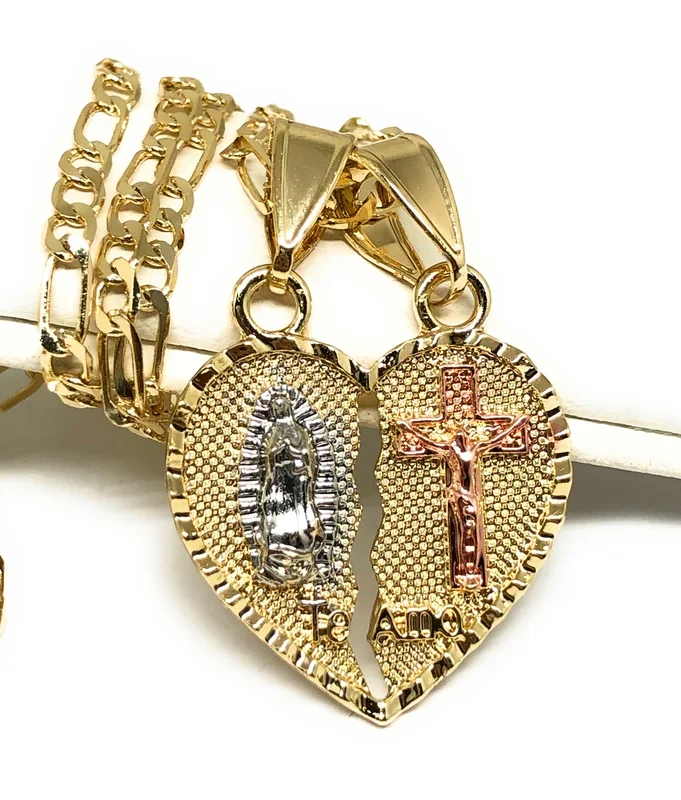 Gold Plated Yellow Virgin Mary Heart & Christ “Te Amo” Heart Split Pendant Necklace 24″ Virgen de Guadalupe