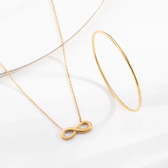 Golden Infinity Necklace & Round Wire Bangle Bracelet Combo Set