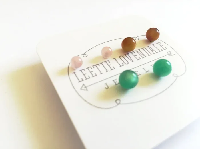 Green Brown and Pink Moonglow Tiny Studs Earrings Set