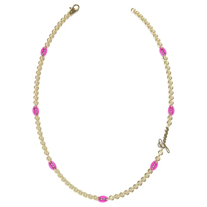 Guess Gold Plated Stainless Steel 17″ Neon Pink Multi Charms Chain