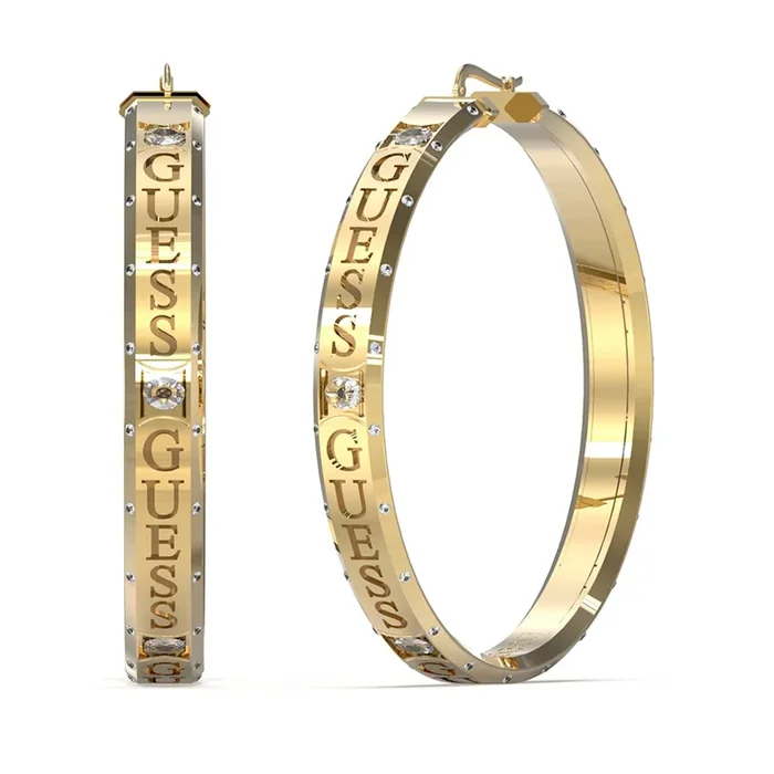 Guess Gold Plated Stainless Steel 55mm Logo Round Hoop Earrings