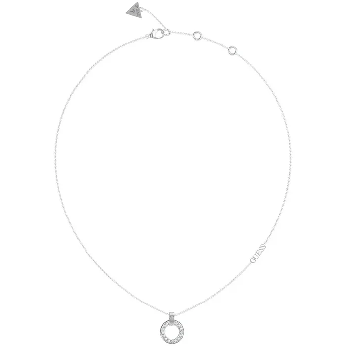 Guess Rhodium Plated Stainless Steel Pave Circle Pendant On 16-18″ Chain