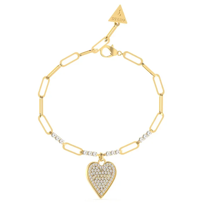 Guess Stainless Steel Gold Plated Pave Heart Crystal Bracelet
