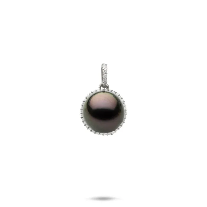 Halo Tahitian Black Pearl Pendant in White Gold with Diamonds – 10-11mm