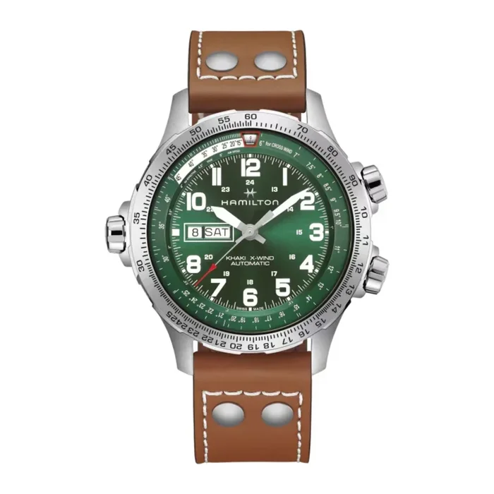 Hamilton Khaki Aviation X-Wind Day-Date Autochrono watch with green dial and brown leather strap, 44 mm – Lepage