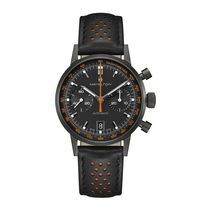 Hamilton watch, automatic Intra-Matic chronograph, black dial, black and orange leather strap, 40 mm H38446732 – Lepage