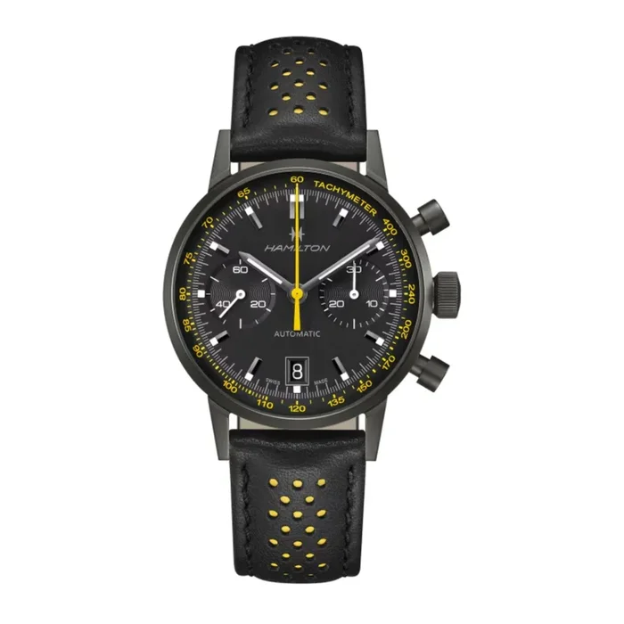 Hamilton watch, automatic Intra-Matic chronograph, black dial, black and yellow leather strap, 40 mm H38446731 – Lepage