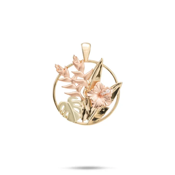 Hawaiian Gardens Hibiscus Pendant in Tri Color Gold with Diamonds – 20mm