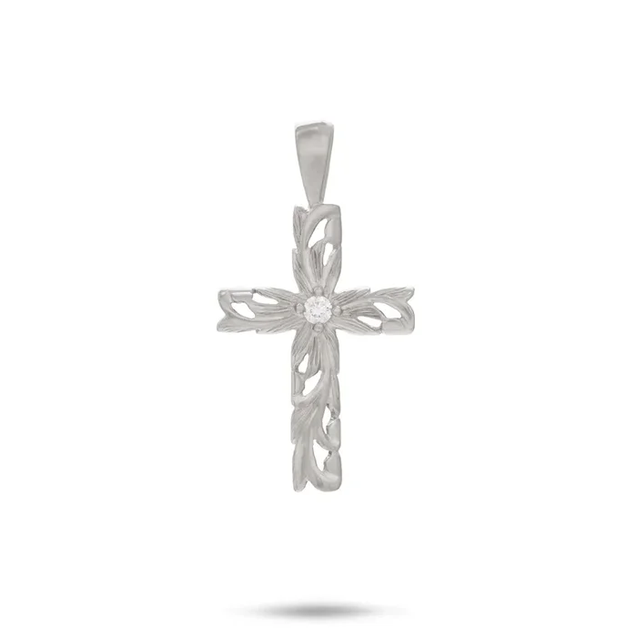 Hawaiian Heirloom Old English Scroll Cross Pendant in White Gold with Diamond – 23mm