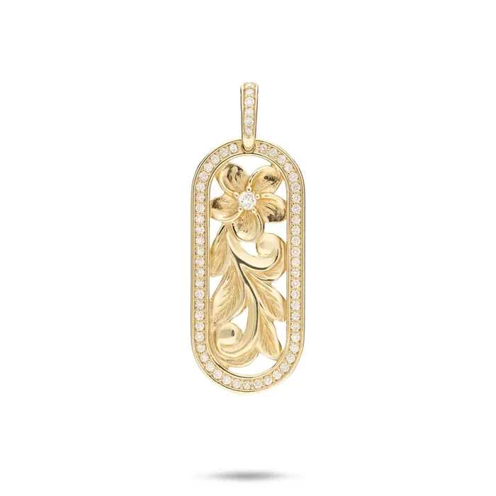 Hawaiian Heirloom Plumeria Pendant in Gold with Diamonds – 27mm