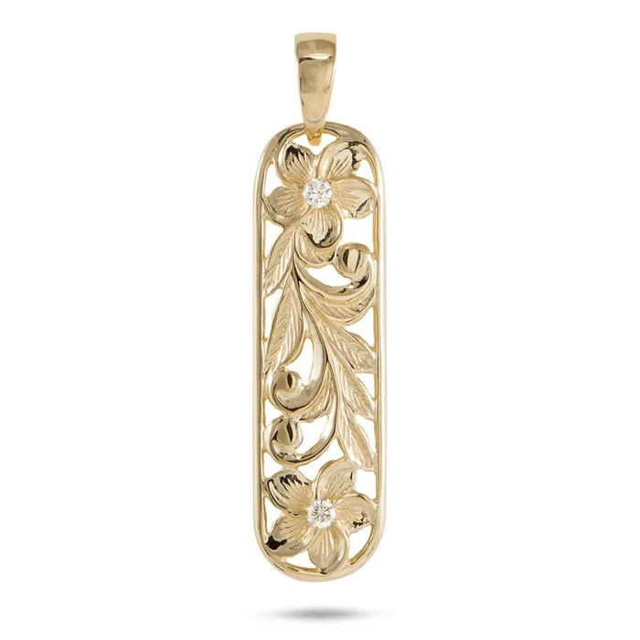 Hawaiian Heirloom Plumeria Pendant in Gold with Diamonds – 38mm