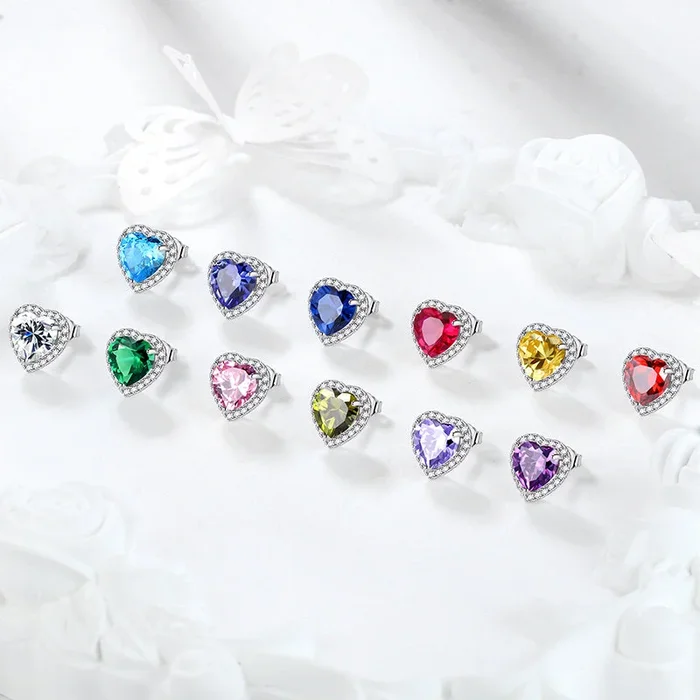 Herz-Ohrringe für Damen und Mädchen, Kristall-Geburtsstein-Ohrringe, Ohrstecker, Schmuck, Geburtstagsgeschenke, Sterlingsilber