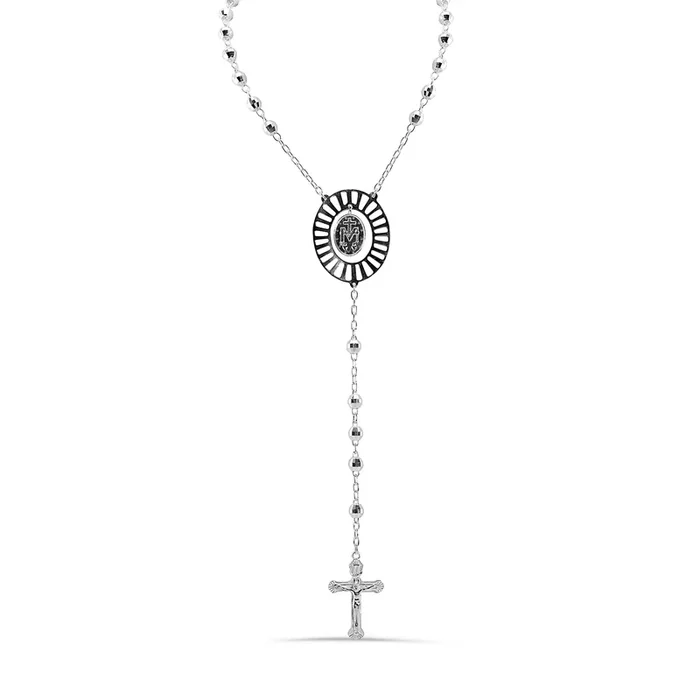 High Polished 925 Sterling Diamond Cut Beads Virgin Mary Cross Rosary Necklace – DIN00112