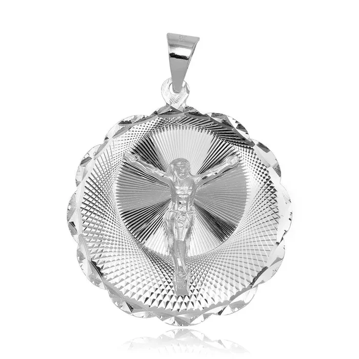 High Polished 925 Sterling Silver DC Wavy Edge Round Crucifix Medallion Pendant – JCA098-6
