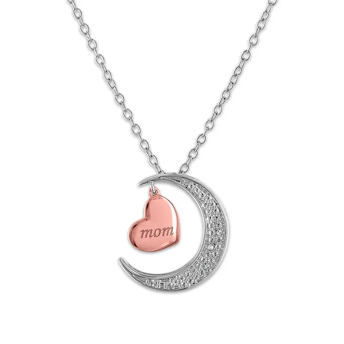 I Love You To The Moon And Back Mom Heart Diamond Accent Pendant in Rose Gold Plated Sterling Silver