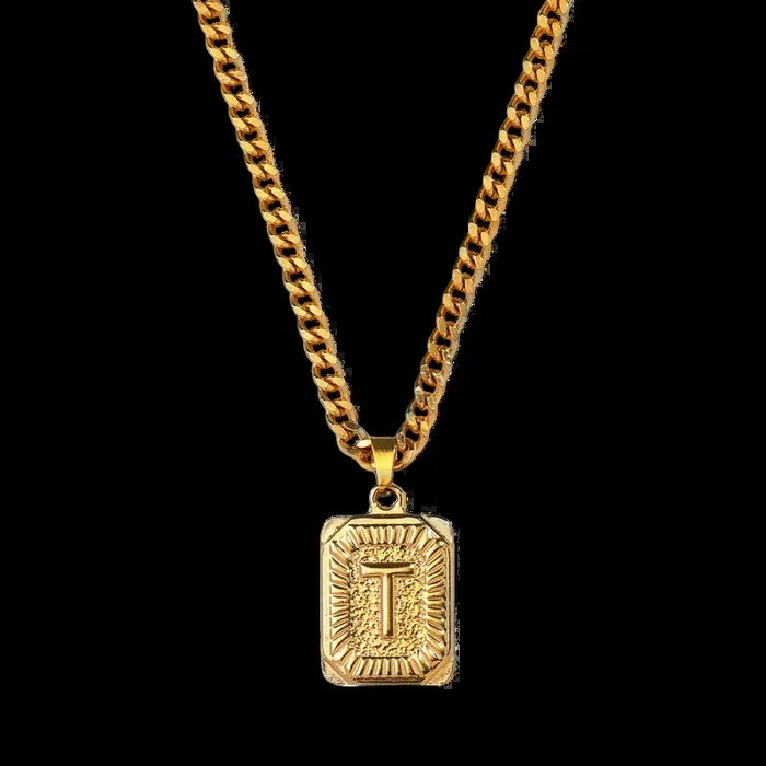 Initial Card Pendant Necklace with Curb Chain