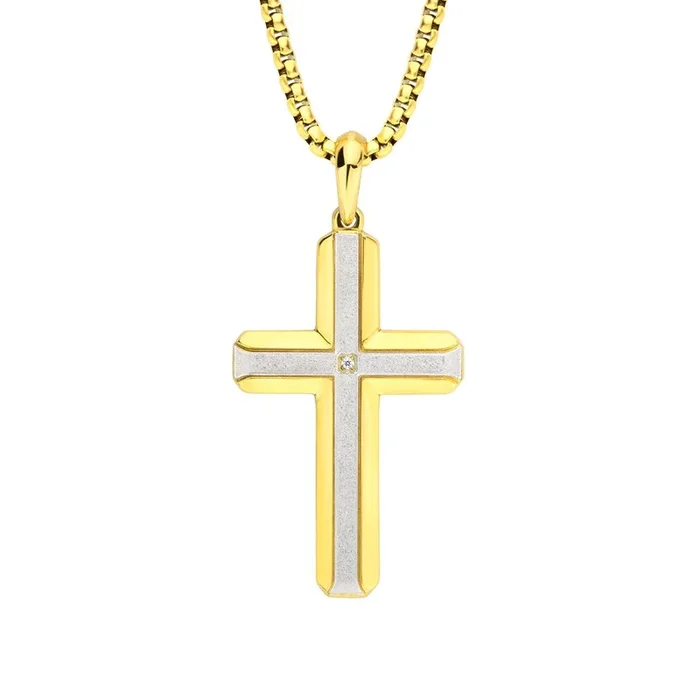 Inox 18KT Gold IP Brushed Finish Stainless Steel Lab Grown Diamond Accent 24-inch Cross