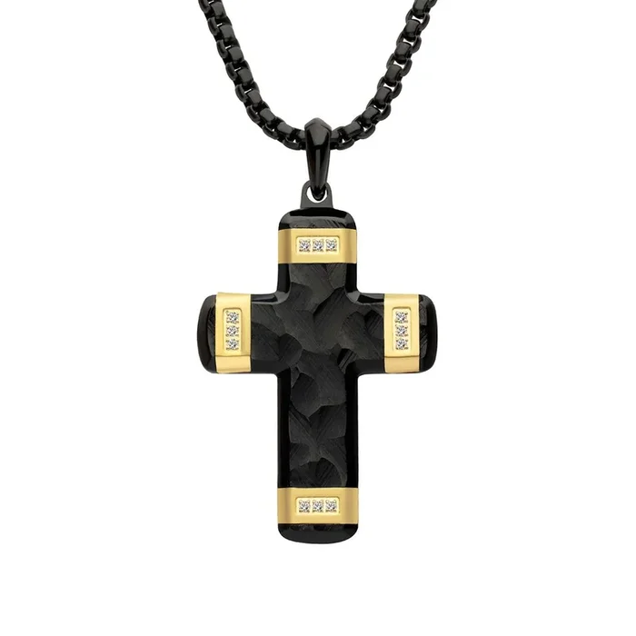 Inox 18KT Gold IP Two-Tone Stainless Steel Lab Grown Diamond Accent 24-inch Cross Pendant
