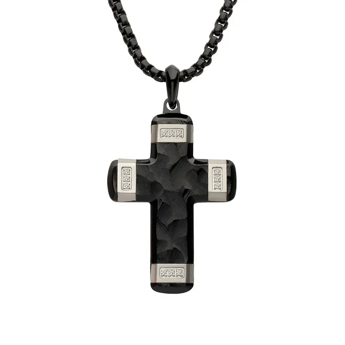 Inox Black IP Two-Tone Stainless Steel Lab Grown Diamond Accent 24-inch Cross Pendant